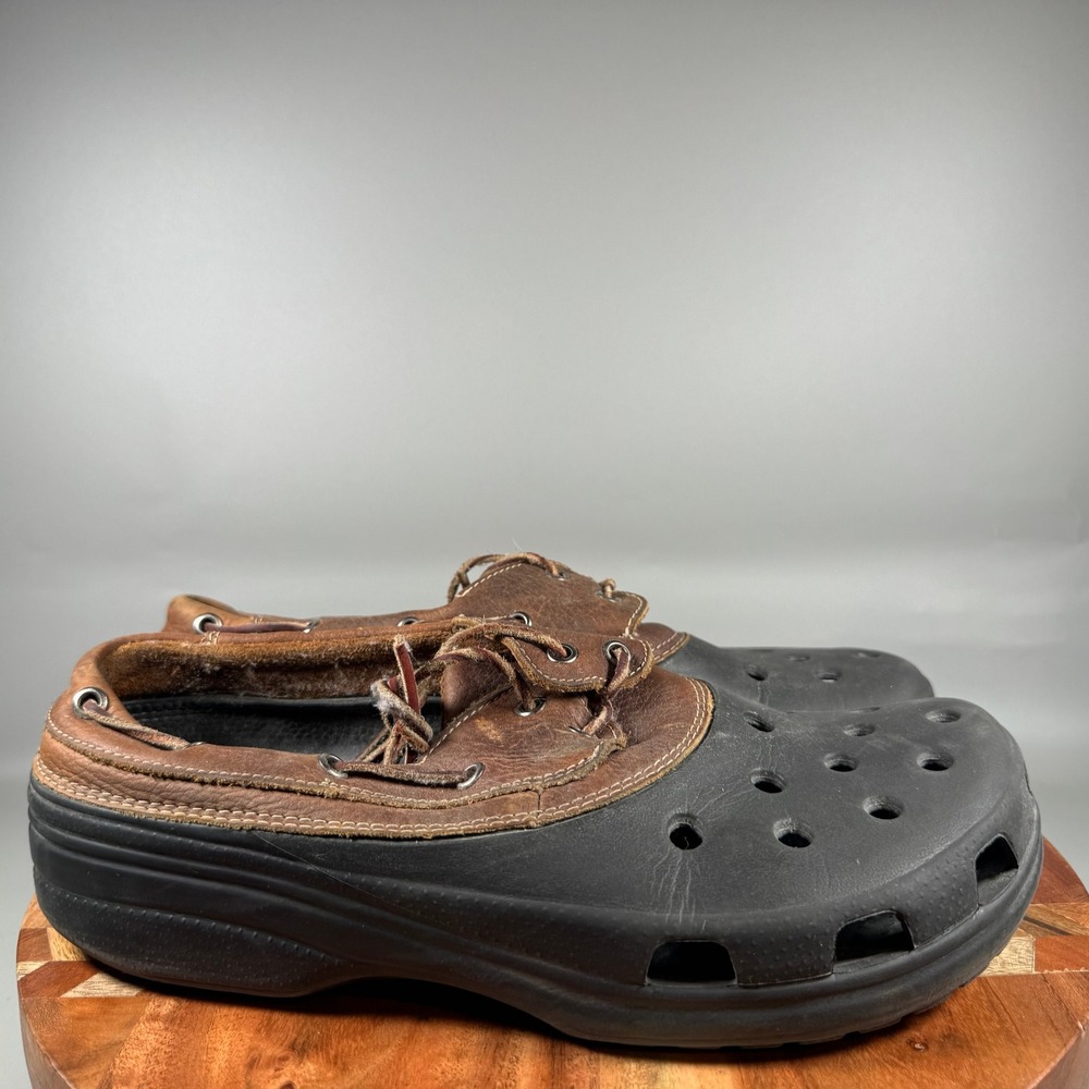 Crocs Tideline Leather Boat Shoes Mens 11 Black Brown Loafers Deck Shoes